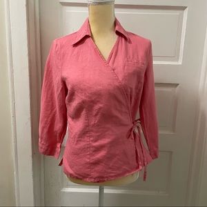 Edward Linen Wrap Top Sz Medium Pink Long Sleeve Linen Blouse
